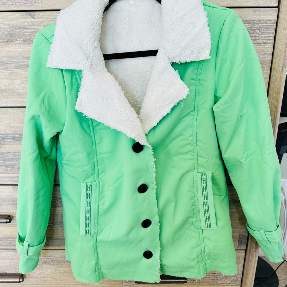 Green Women's Jacket with White Sherpa Lining